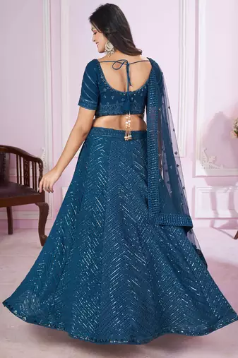  blue thread embroidery georgette party lehenga set choli with dupatta