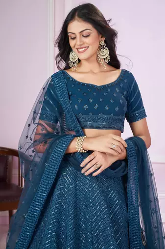  blue thread embroidery georgette party lehenga set choli with dupatta