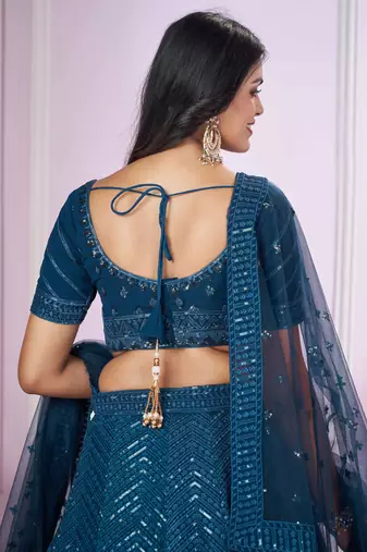  blue thread embroidery georgette party lehenga set choli with dupatta