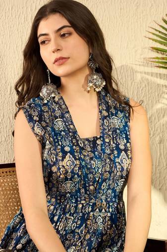 women blue rayon blend ikat printed co-ord sets