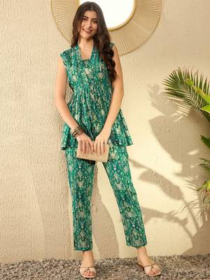 women teal rayon blend ikat printed co-ord sets 2