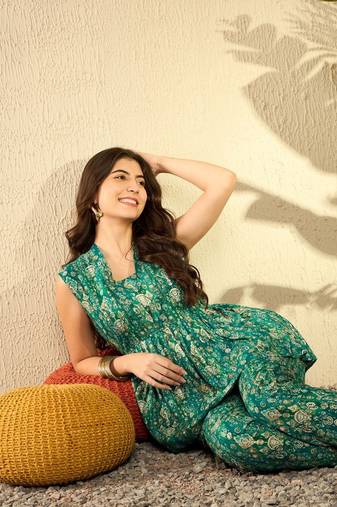women teal rayon blend ikat printed co-ord sets