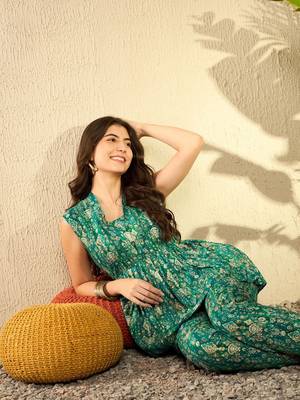 women teal rayon blend ikat printed co-ord sets 1
