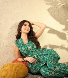women teal rayon blend ikat printed co-ord sets