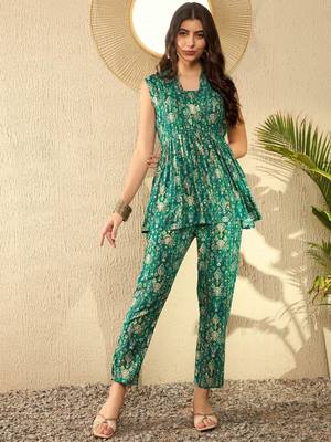 women teal rayon blend ikat printed co-ord sets 3