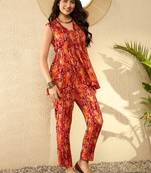women orange rayon blend ikat printed co-ord sets