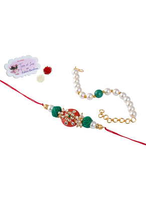 combo of colorful kundan stone rakhi n onyx pearl bracelet for bhaiya, brother, couple pair rakhi 1