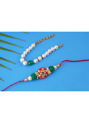 combo of colorful kundan stone rakhi n onyx pearl bracelet for bhaiya, brother, couple pair rakhi 2