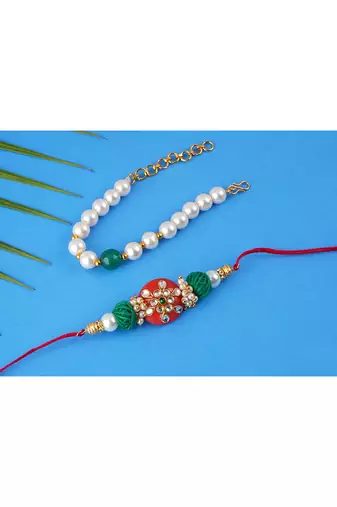combo of colorful kundan stone rakhi n onyx pearl bracelet for bhaiya, brother, couple pair rakhi