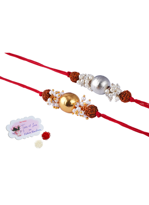 handmade rudraksha gold and silver bead rakhi for brother with cluster pearl rakhi, roli chawal 1