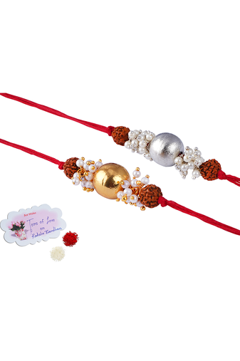 handmade rudraksha gold and silver bead rakhi for brother with cluster pearl rakhi, roli chawal