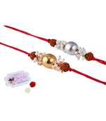 handmade rudraksha gold and silver bead rakhi for brother with cluster pearl rakhi, roli chawal