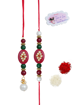 Handmade kundan red stone peral rakhi, combo design collection couple pair rakhi set 1