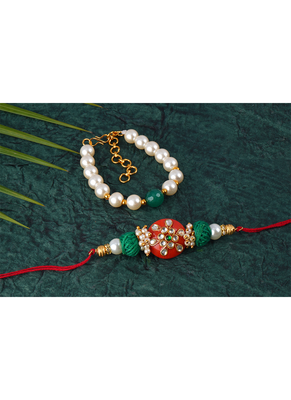 combo of colorful kundan stone rakhi n onyx pearl bracelet for bhaiya, brother, couple pair rakhi 3