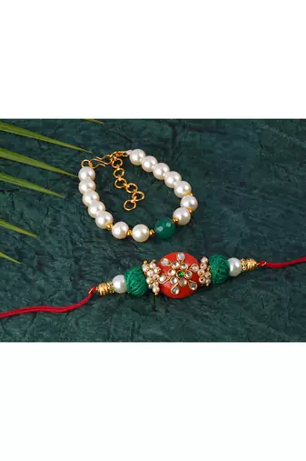 combo of colorful kundan stone rakhi n onyx pearl bracelet for bhaiya, brother, couple pair rakhi