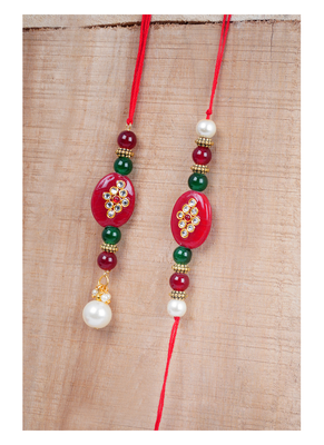 Handmade kundan red stone peral rakhi, combo design collection couple pair rakhi set 2