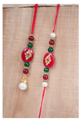 Handmade kundan red stone peral rakhi, combo design collection couple pair rakhi set
