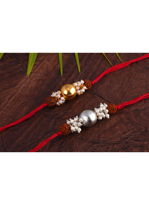 handmade rudraksha gold and silver bead rakhi for brother with cluster pearl rakhi, roli chawal 2