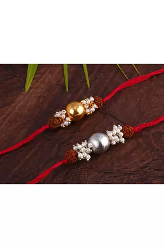 handmade rudraksha gold and silver bead rakhi for brother with cluster pearl rakhi, roli chawal