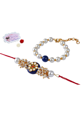 Handcrafted combo of blue kundan stone rakhi n blue onyx pearl bracelet rakhi set 1