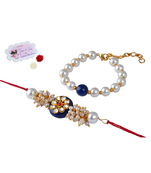 Handcrafted combo of blue kundan stone rakhi n blue onyx pearl bracelet rakhi set