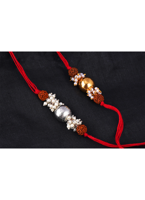 handmade rudraksha gold and silver bead rakhi for brother with cluster pearl rakhi, roli chawal 3