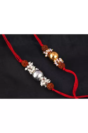 handmade rudraksha gold and silver bead rakhi for brother with cluster pearl rakhi, roli chawal