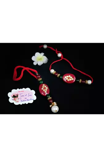 Handmade kundan red stone peral rakhi, combo design collection couple pair rakhi set