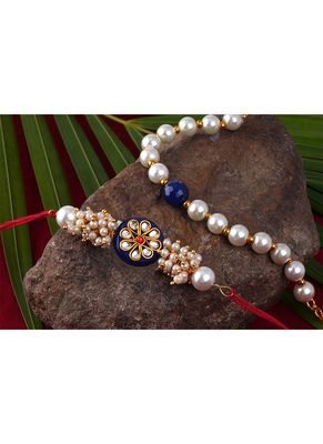 Handcrafted combo of blue kundan stone rakhi n blue onyx pearl bracelet rakhi set 2