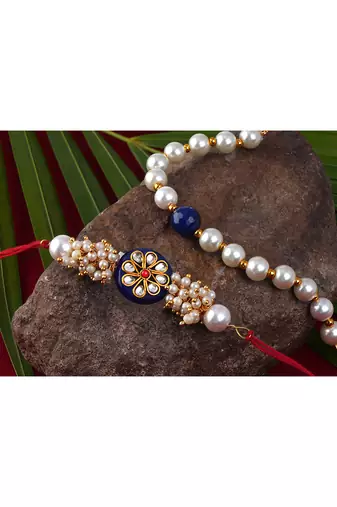 Handcrafted combo of blue kundan stone rakhi n blue onyx pearl bracelet rakhi set