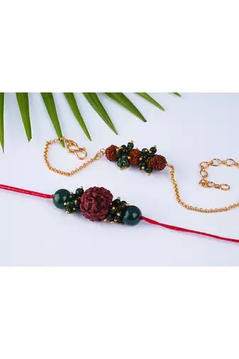 combo of colorful kundan stone rakhi n onyx pearl bracelet for bhaiya, brother, couple pair rakhi