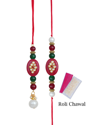 Handmade kundan red stone peral rakhi, combo design collection couple pair rakhi set 4