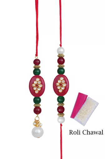 Handmade kundan red stone peral rakhi, combo design collection couple pair rakhi set