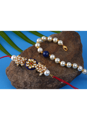 Handcrafted combo of blue kundan stone rakhi n blue onyx pearl bracelet rakhi set 3
