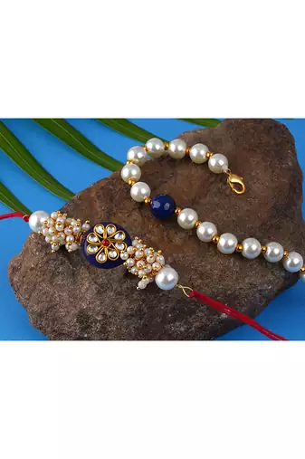 Handcrafted combo of blue kundan stone rakhi n blue onyx pearl bracelet rakhi set