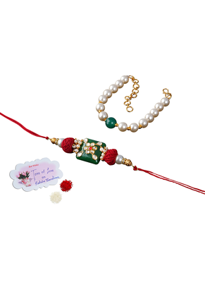 combo of colorful kundan stone rakhi n onyx pearl bracelet for bhaiya,brother, couple pair rakhi 1