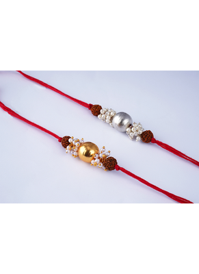 handmade rudraksha gold and silver bead rakhi for brother with cluster pearl rakhi, roli chawal 4