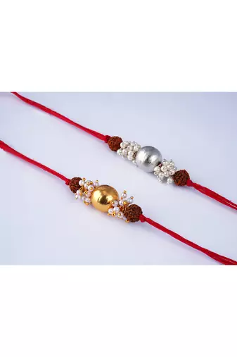 handmade rudraksha gold and silver bead rakhi for brother with cluster pearl rakhi, roli chawal