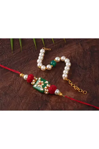 combo of colorful kundan stone rakhi n onyx pearl bracelet for bhaiya,brother, couple pair rakhi