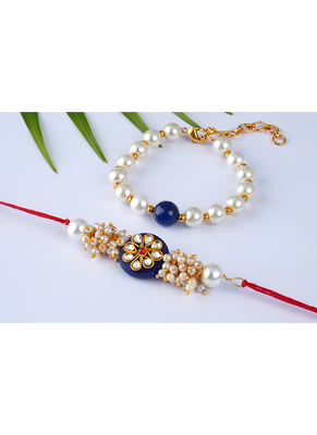 Handcrafted combo of blue kundan stone rakhi n blue onyx pearl bracelet rakhi set 4