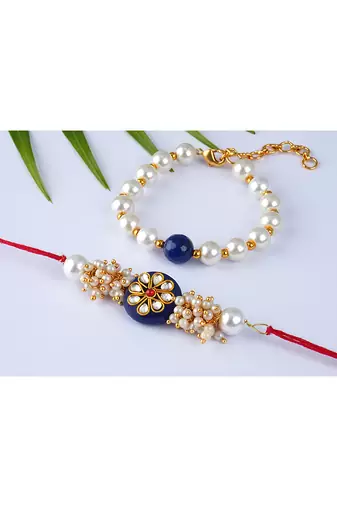 Handcrafted combo of blue kundan stone rakhi n blue onyx pearl bracelet rakhi set