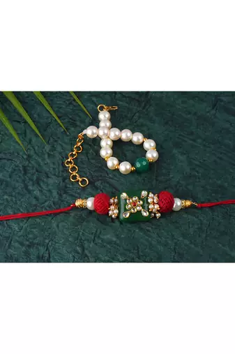 combo of colorful kundan stone rakhi n onyx pearl bracelet for bhaiya,brother, couple pair rakhi