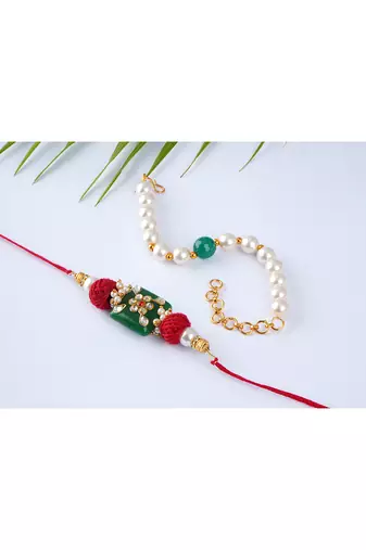 combo of colorful kundan stone rakhi n onyx pearl bracelet for bhaiya,brother, couple pair rakhi