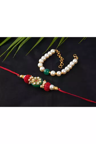 Colorful kundan stone rakhi n onyx pearl bracelet for bhaiya,brother, couple pair rakhi