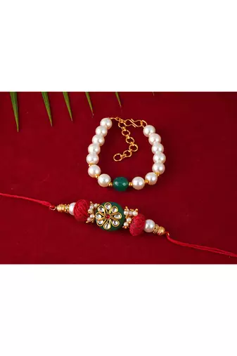 Colorful kundan stone rakhi n onyx pearl bracelet for bhaiya,brother, couple pair rakhi