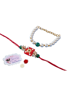 Combo of colorful kundan stone rakhi n pearl bracelet for bhaiya bhabhi / brother, couple pair rakhi 1