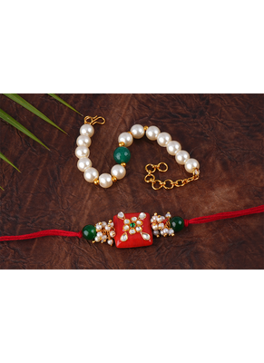 Combo of colorful kundan stone rakhi n pearl bracelet for bhaiya bhabhi / brother, couple pair rakhi 2