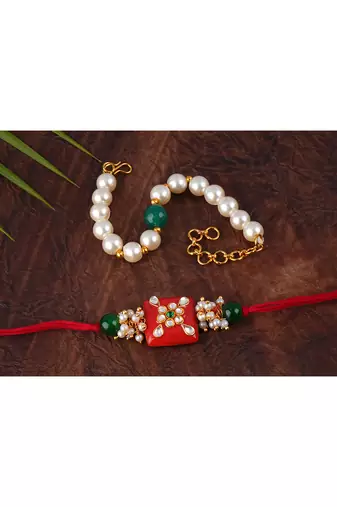Combo of colorful kundan stone rakhi n pearl bracelet for bhaiya bhabhi / brother, couple pair rakhi