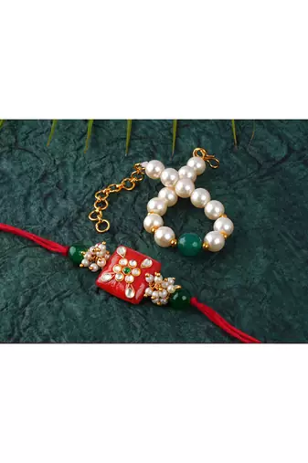Combo of colorful kundan stone rakhi n pearl bracelet for bhaiya bhabhi / brother, couple pair rakhi