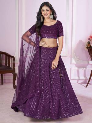 wondrous purple sequined georgette lehenga set choli with dupatta 1